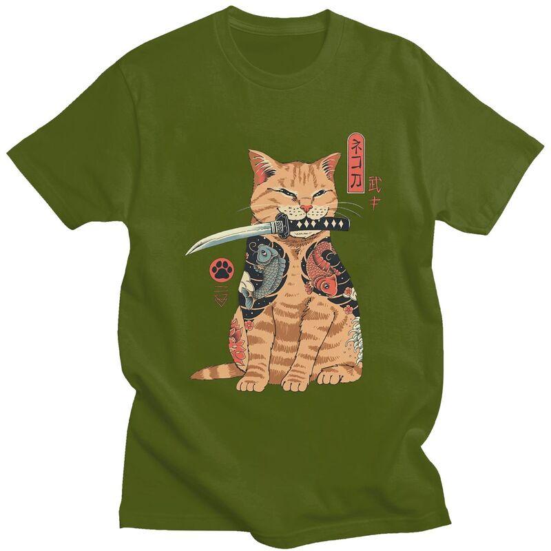 Custom Fashion Funny Japanese Samurai Cat T Shirt Men Tshirt Streetwear Tee Tops Pure Cotton Oversized Tshirts Merch