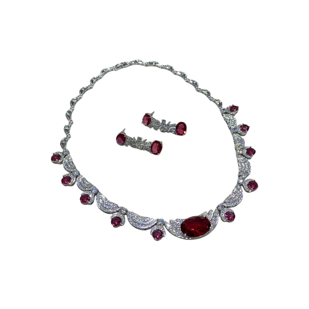 Großes Set mit Diamantimitat Roter Turmal Halskette, Ohrringe, Armband, Leichter Luxus Promi Abendmode Zweiteiliges Set