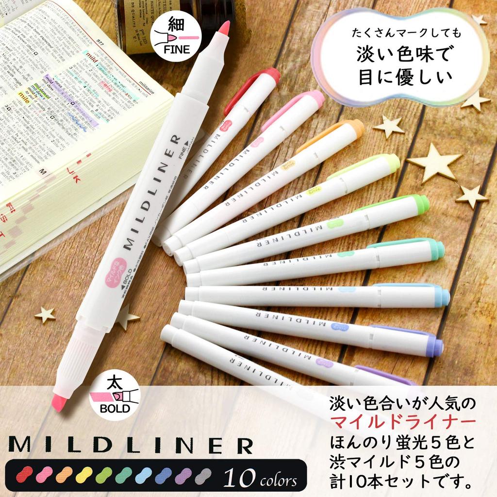 Zebra Mildliner Highlighter Set, 10 Colors WKT7-10C Fluorescent Pens