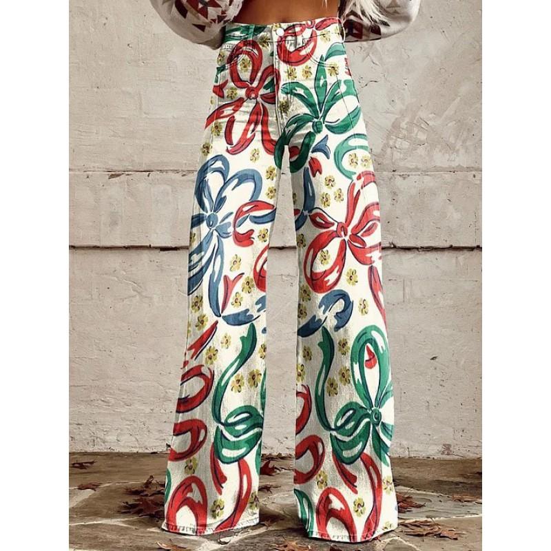 Dame Løstsiddende Bomuld Wide Leg Bukser Med 3D Digital Print Streetwear Stil Afslappede Bukser