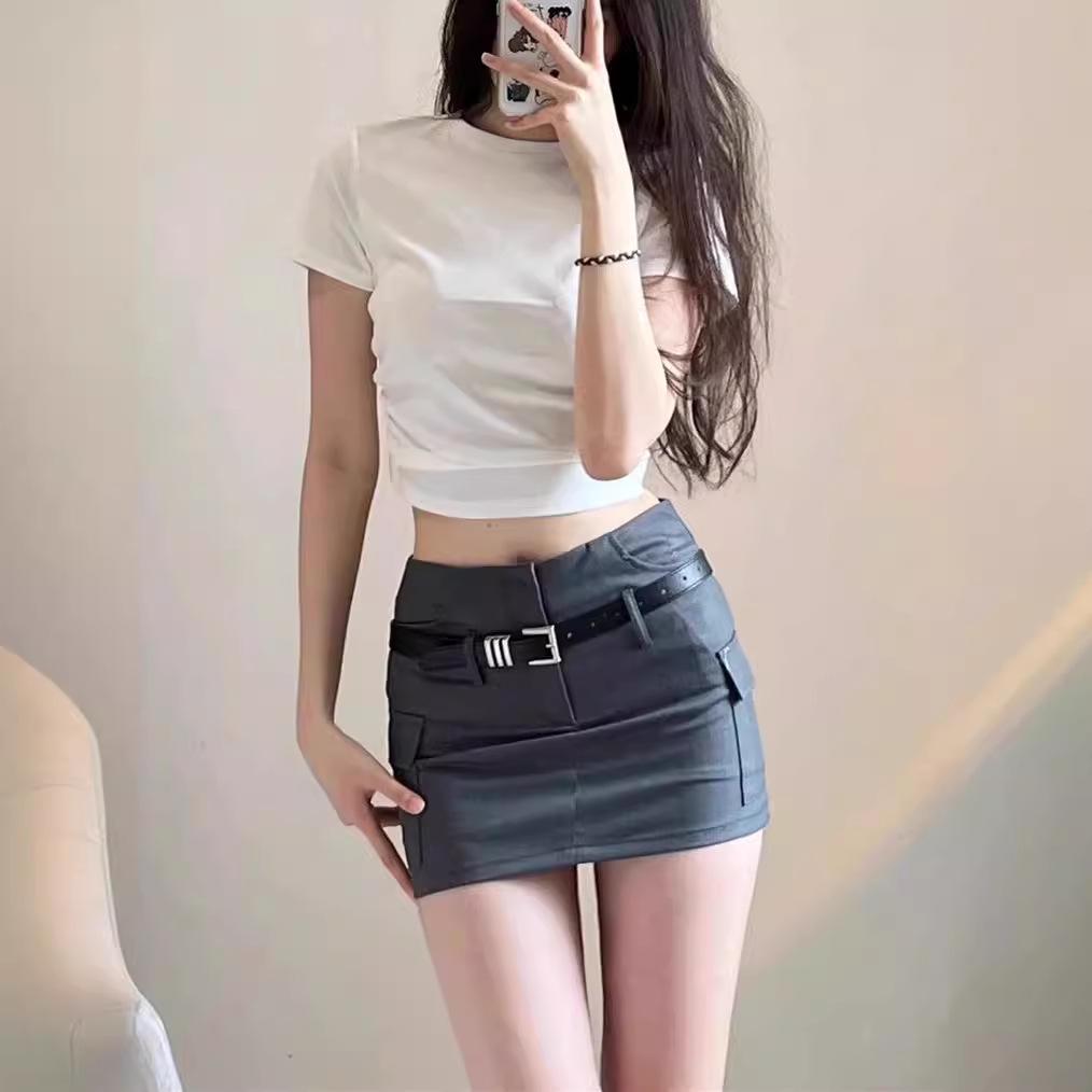 2024 Summer Retro Gray High-Waist Bodycon Mini Skirt for Women
