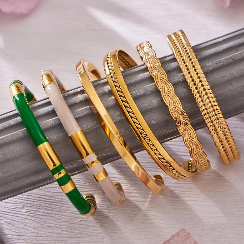 Stylish Stainless Steel Bracelet with Enamel Design and Zirconium Accent