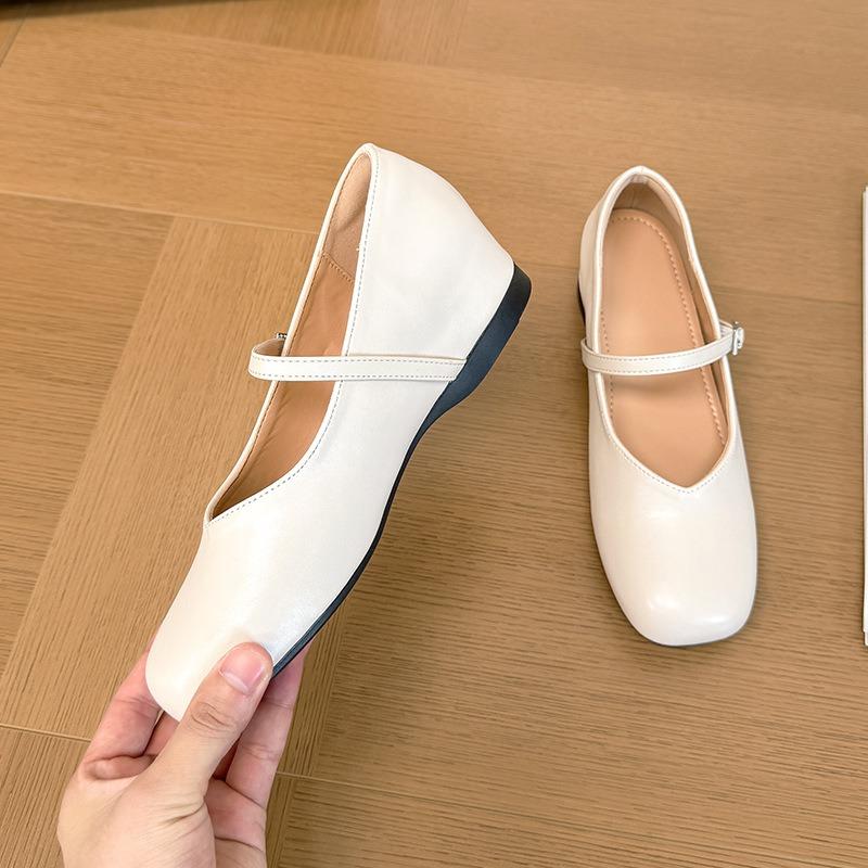 Summer new products inner height increase single shoes women's summer new soft leather shallow mouth with skirt gentle ballet flats