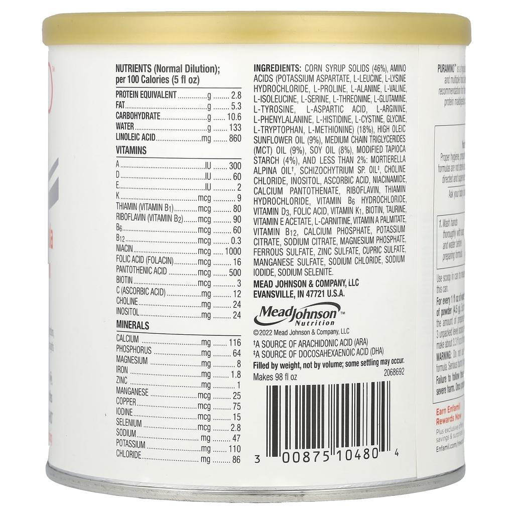 Enfamil PurAmino™, Hypoallergenic Infant Formula, 0 To 24 Months, 14.1 Oz (400 G)