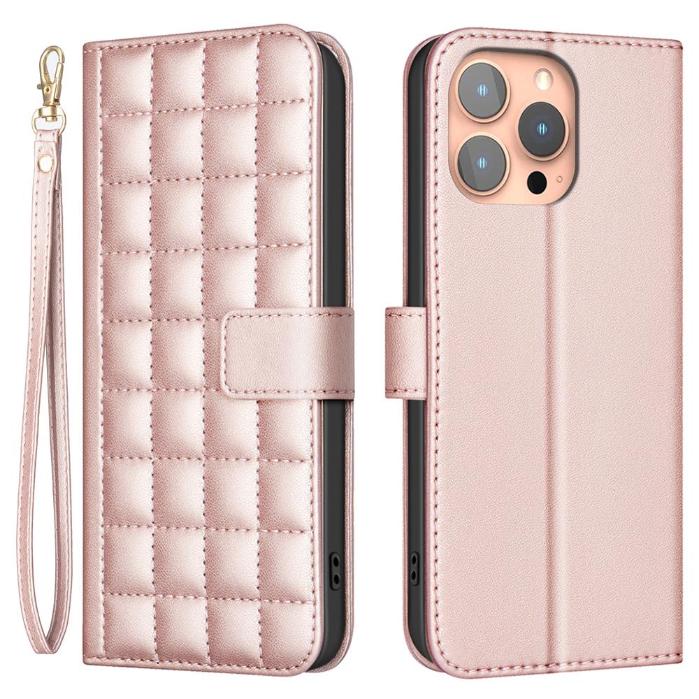 

For iPhone 14 Pro Max Case Square Grid Pattern Wallet Leather Cover Rose Gold