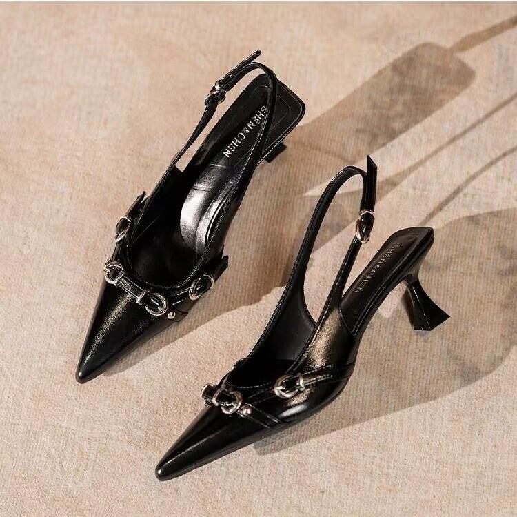 

Весна Лето Новый Стиль Женские Однотонные Туфли с Открытой Пяткой Острый Носок Тонкий Каблук Сандалии Модные 35 чёрный