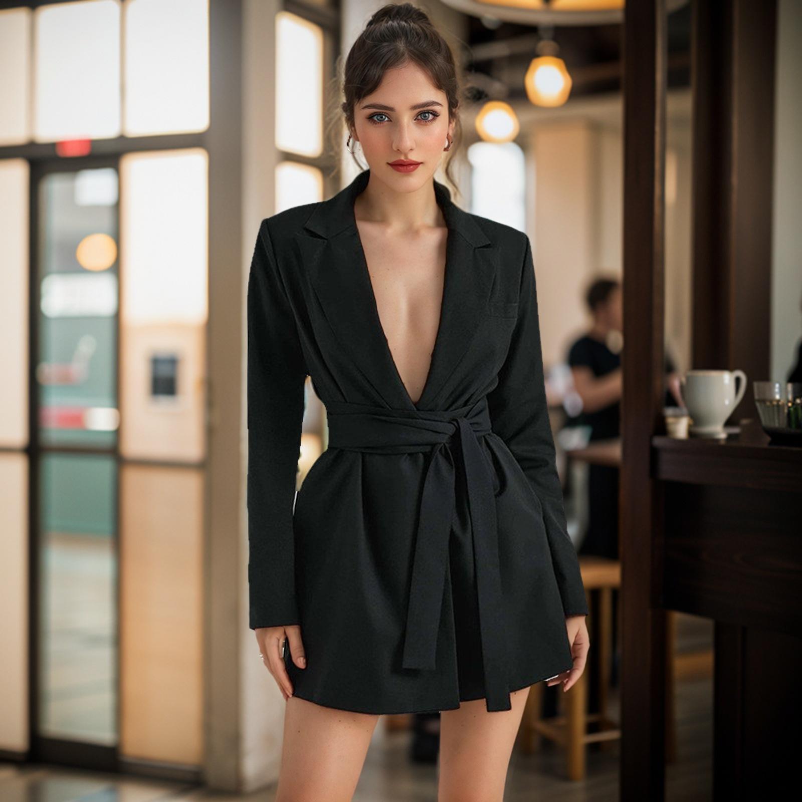 

New Style Lace-up Slim Mid-length Casual Long-sleeved Suit Jacket for Women XXL чорний