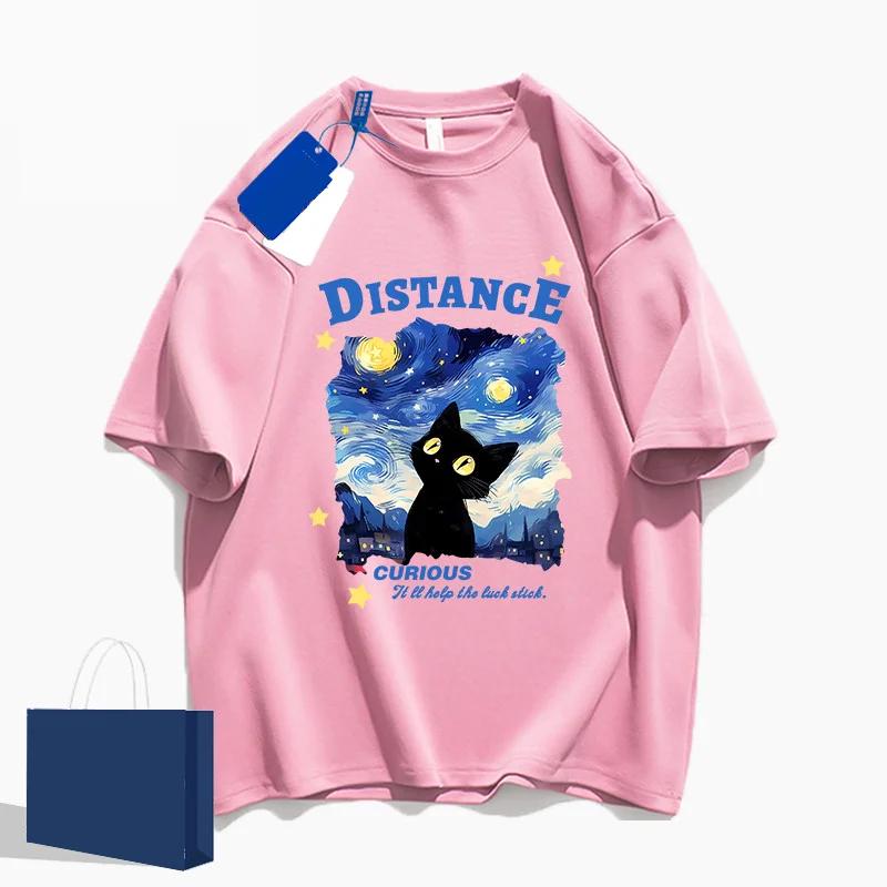 Starry Sky Cat Oil Painting Cute Print Men and Women Same Casual Sleeve T-shirt Summer Street Loose Round Neck Half Sleeve