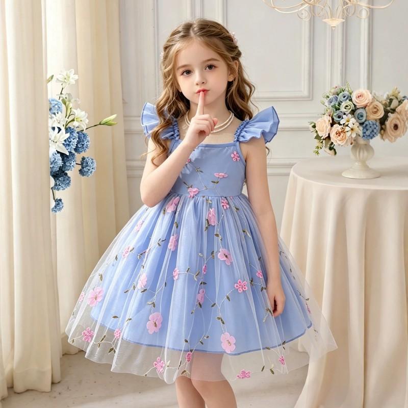 Girls Princess Dress Sleeveless Mesh Tutu Kids Embroidered Floral