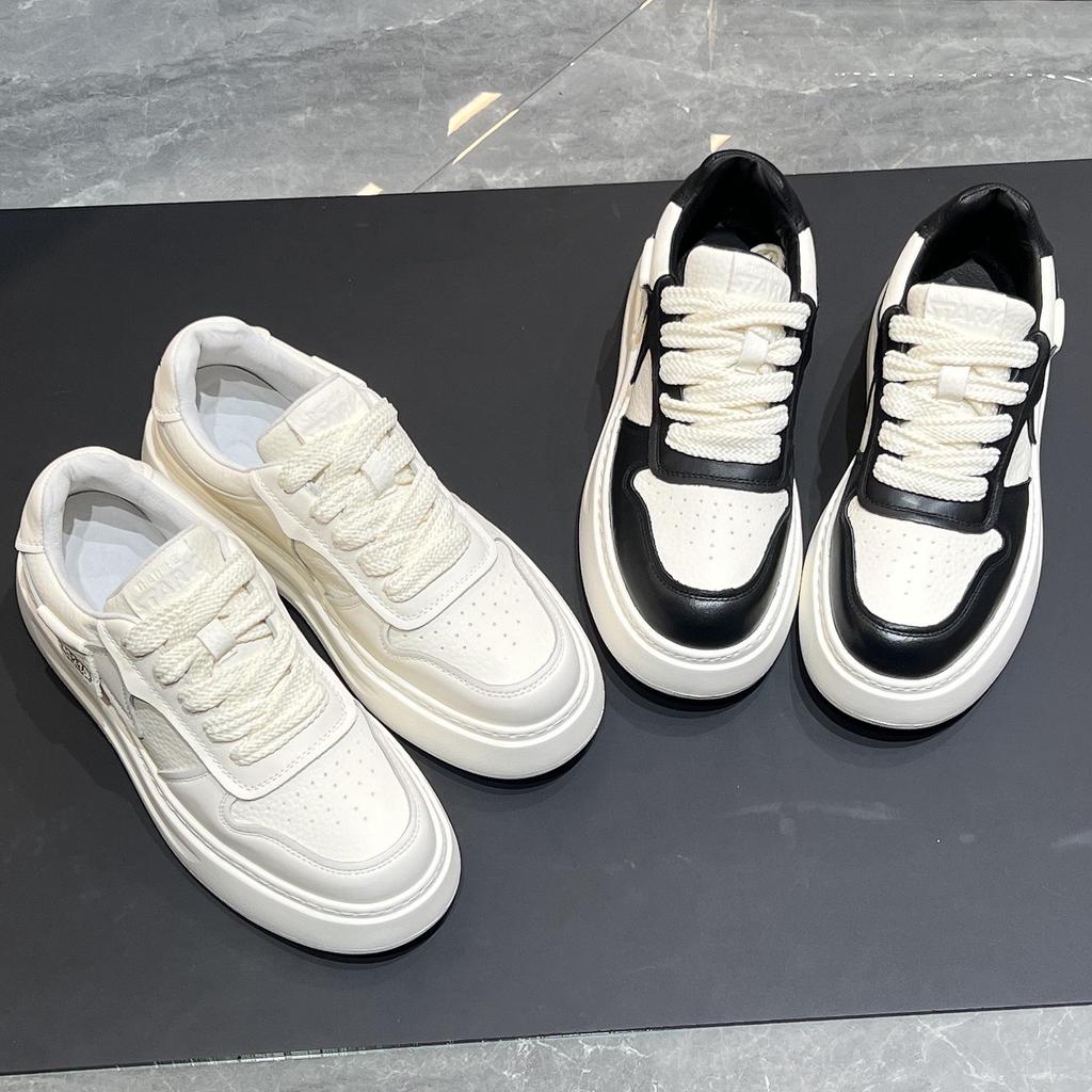 Autumn 2025 Men's Genuine Leather White Sneakers: British Style, Thick Sole, Casual, High-End Fashion