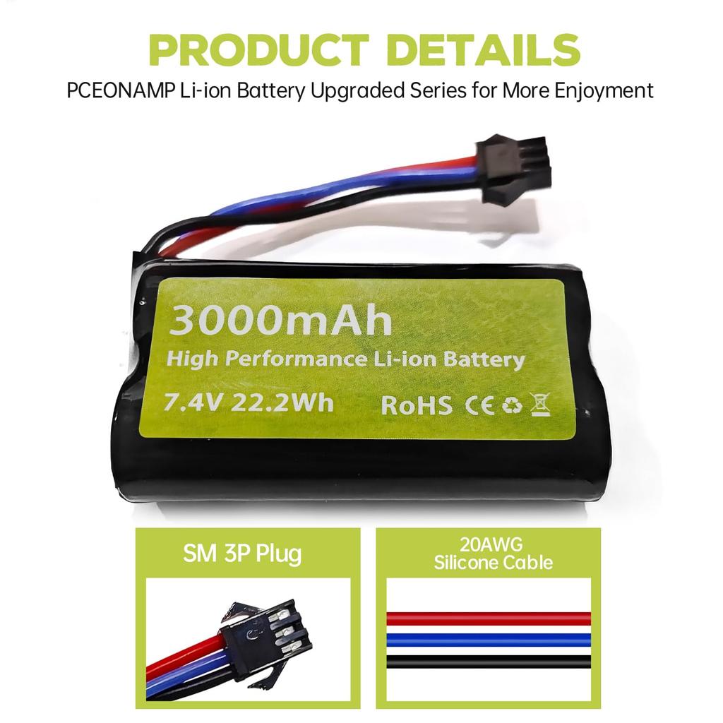 2PCS 7.4V 3000mAh 15C 2S Li-ion Battery with SM-3P Plug and USB Charging Cable for DE43, DE60, 9500E, Huina 1575 Remote Control Engineering Car, and