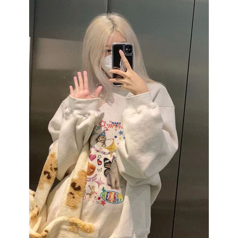Ladies Cartoon Pattern Grey Hoodies College Style Loose Round Neck Female Hoodie Autumn Casual Women's Long Sleeved Tops