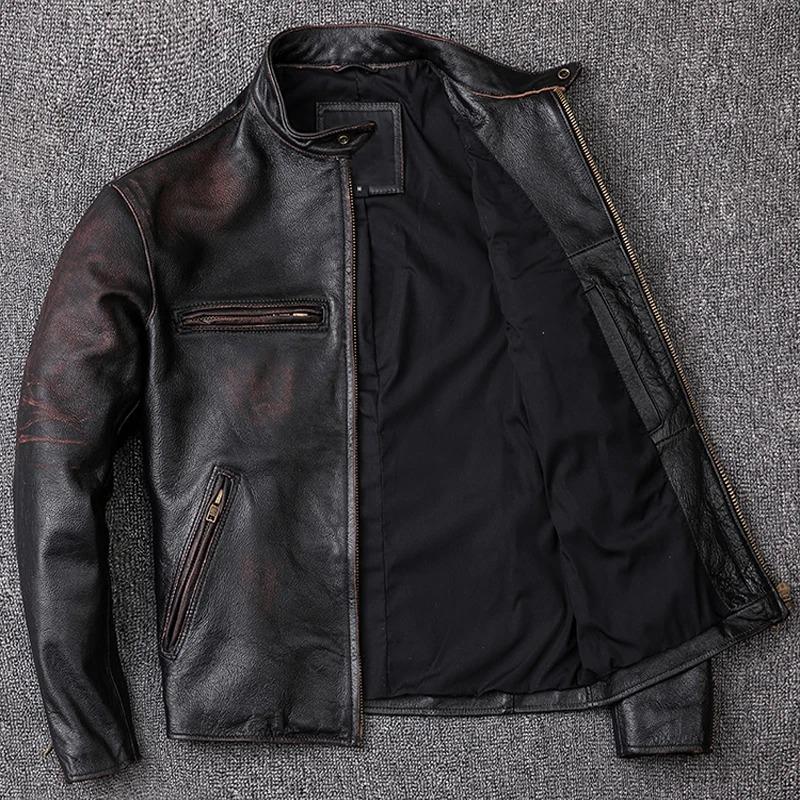 Chinese Size Men Leather Jacket Vintage Black 100% Natural Genuine Cowhide Coats Men's Leather Coat Male Clothes Autumn