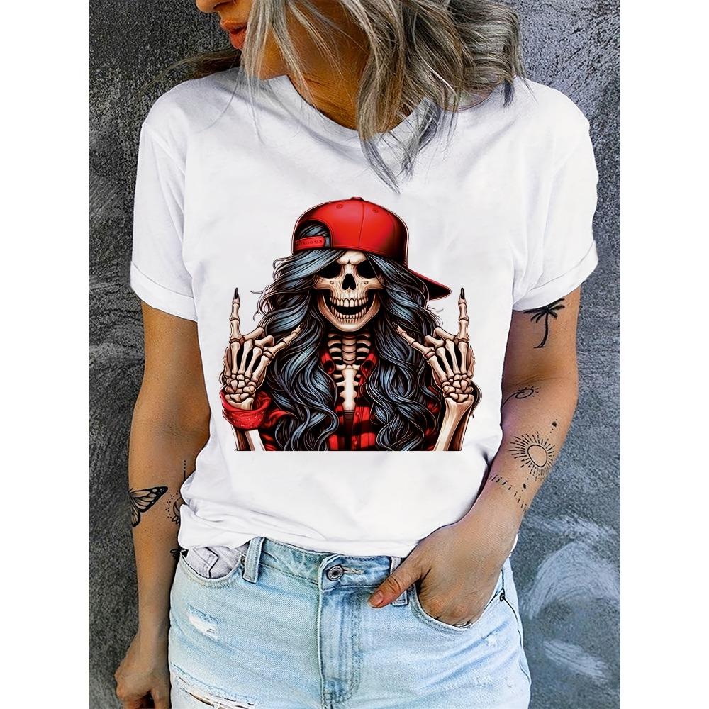 Halloween Skull Print Crew Neck Casual Short Sleeve Top for Spring Summer Women s Clothing Women s Harajuku Short Sleeve Casual M