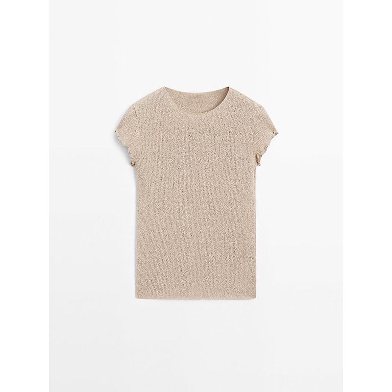 Za2025 Summer New Women Clothes Simple Round Neck Knitted Wooden Ear Short Sleeve T-shirt Top 06298199 806
