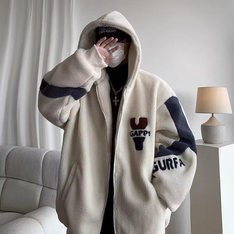 Youth Lambswool Plush Hooded Jacket - Men's Warm Velvet Winter Coat for Junior High, High School, and University Students.