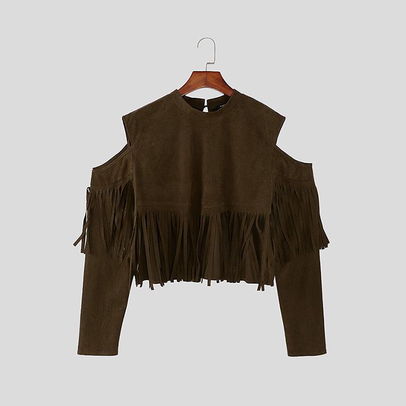 INCERUN Men Cutout Shoulder Long Sleeve Tassel Suede Party Short T-shirts Tops