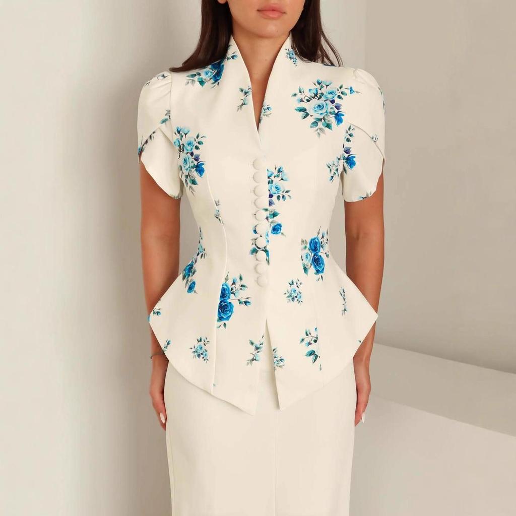 2025 Summer Floral Semi-High Collar Short Sleeve Bodycon Skirt Set