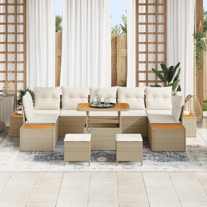 Ensemble de canapés de jardin 10 pièces avec coussins beige poly rattan acacia, Ensemble de salle à manger de jardin 3362901