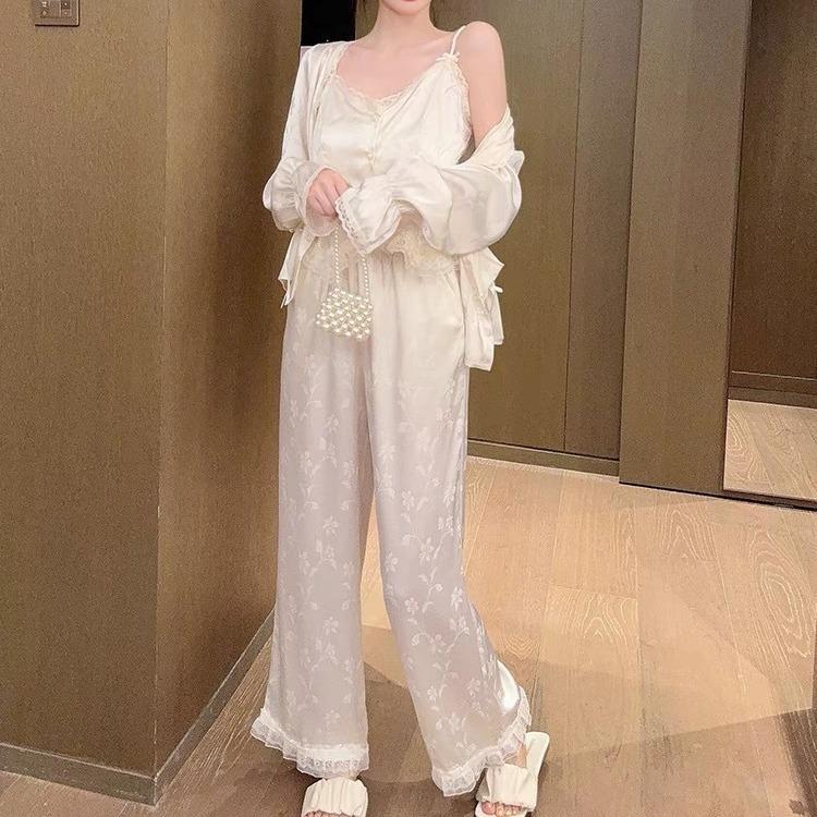 New Ice Silk Pajamas for Women with Chest Pads, National Style Jacquard Suspenders, Three-piece Set of Pure Desire Silk Loungewear