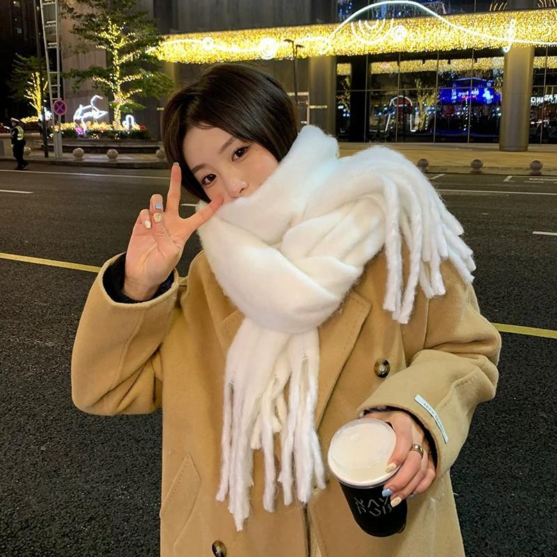White Scarf Women's Winter Senior Sense Thickened Oversized Long Korean Atmosphere Mohair Japanese Autumn and Winter Scarf