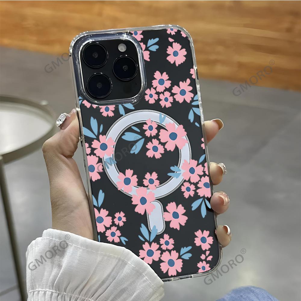 Magnetic transparent mobile phone case Apple 16 fresh floral iPhone17 Amazon hot-selling anti-drop protective case 15pm