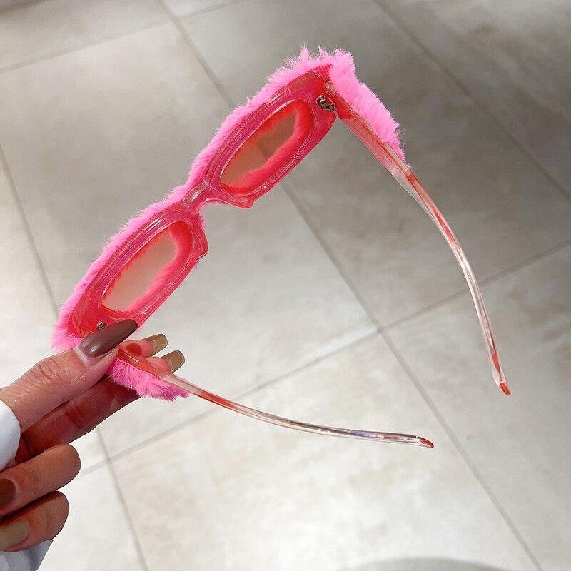 Rectangle Sunglasses Women Fashion New in Furry Frame Vintage Shades Eyewear Brand Design UV400 Winter Party Sun Glasses
