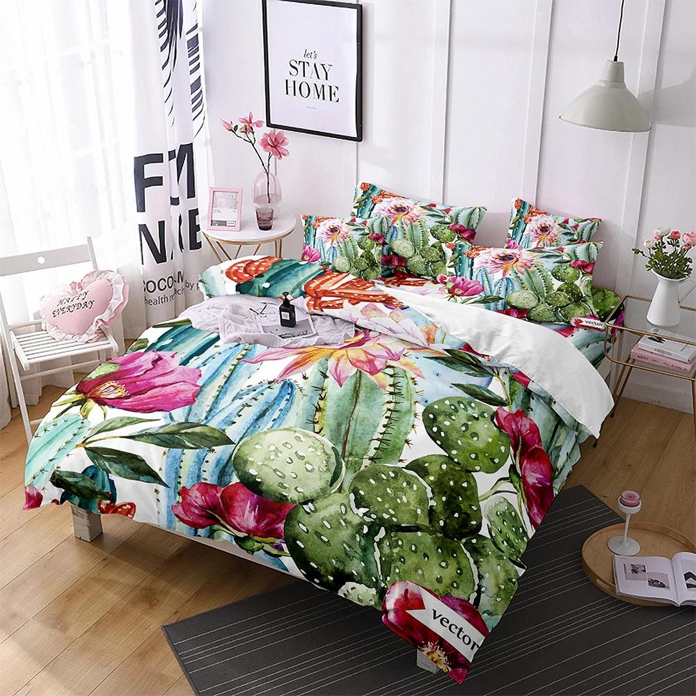 Cartoon Cactus King Queen Duvet Cover Succulent Plants Bedding Set For Adults Green Tropical Desert Plants Polyester Quilt Cover