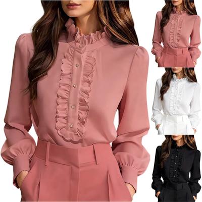Moda Donna Elegante Camicia con Volant Manica Lunga Commutered Elegante Camicia Top Monocolore