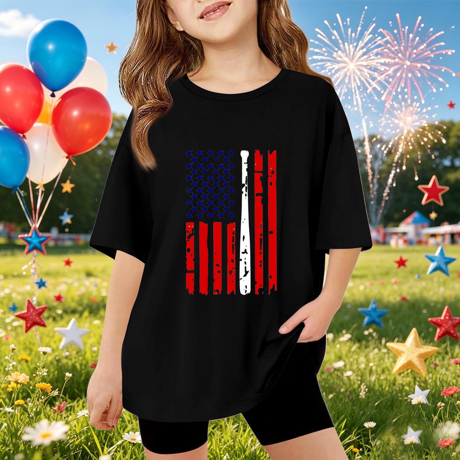 

Kids Short Sleeve T Shirt Independence Day Print Top Lightweight Comfortable Casual Tee for Boys and Girls Summer Wear 160 чёрный