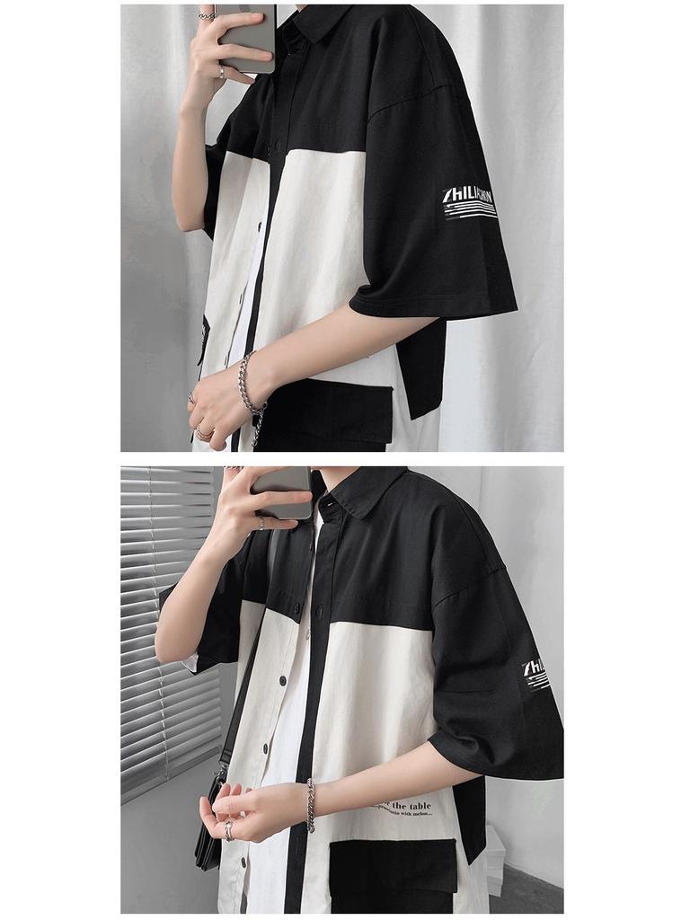 Men's Trendy Color Block Short-Sleeve Shirt - Hong Kong & Korean Style
