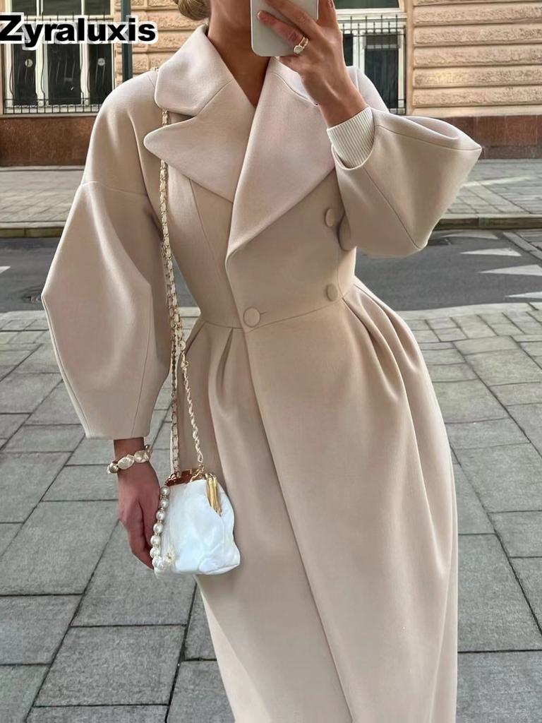 Autumn Newest Vintage Palace Style Lantern Sleeve Wide Neck Wool Coat Long Dress