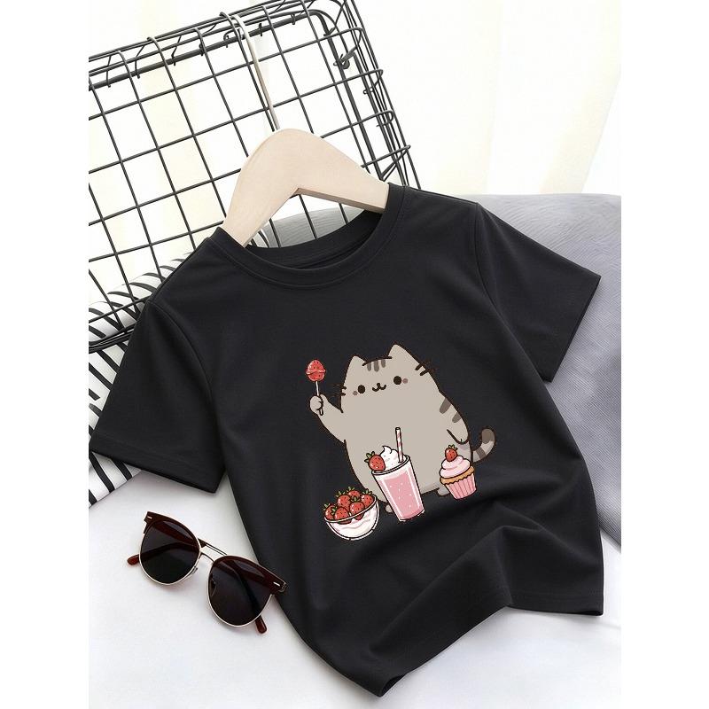 Kids Crewneck Short Sleeve T-Shirt, Cute Cat Dessert Drink Graphic