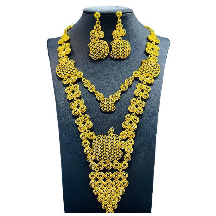 4 Τεμάχια Χρυσό Χρώμα Ινδικό Νυφικό Σετ Κοσμημάτων από Κράμα Ντουμπάι Κολιέ Σκουλαρίκια Για Γυναίκες Γάμο 24 καρατίων Επιχρυσωμένο Αφρικανικά Κοσμήματα Νύφη