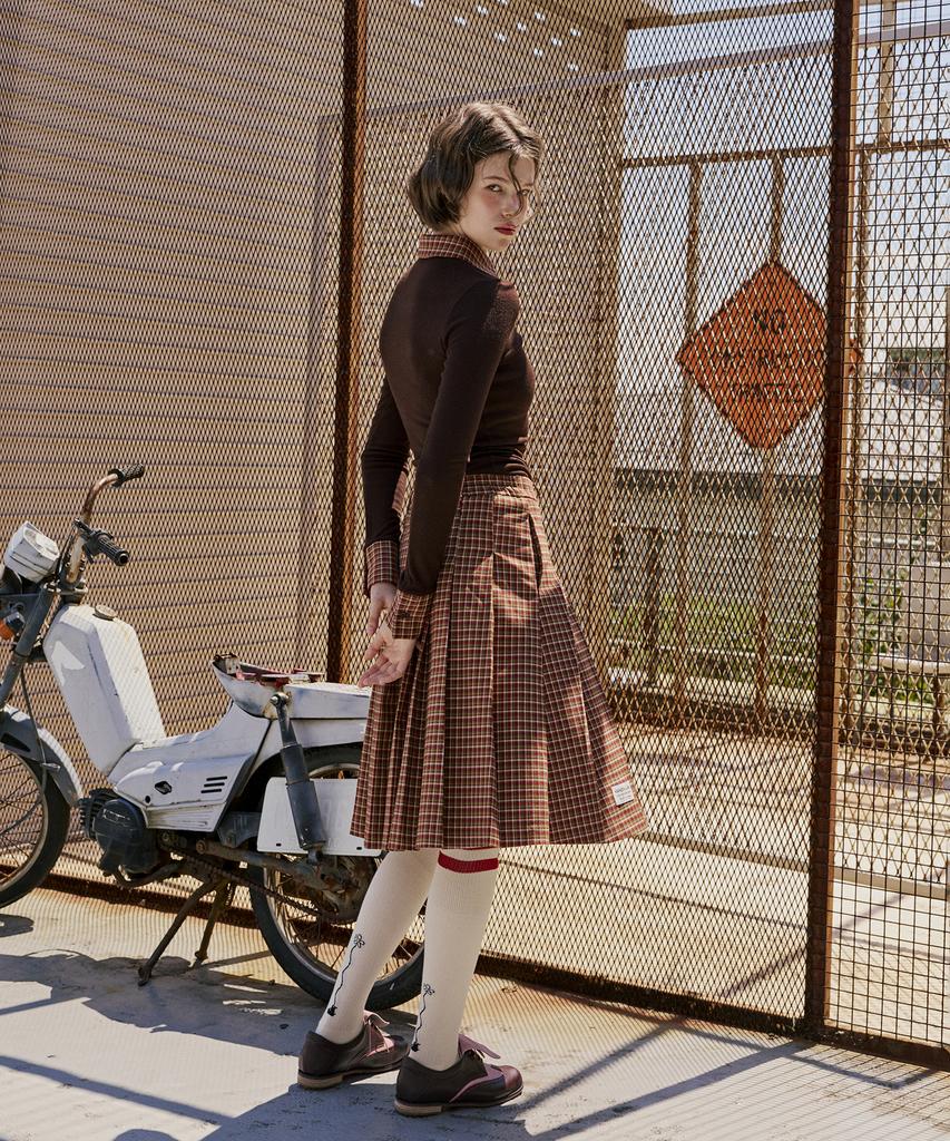 Candini Brown (Pink Check) Check Midi Pleated Skirt