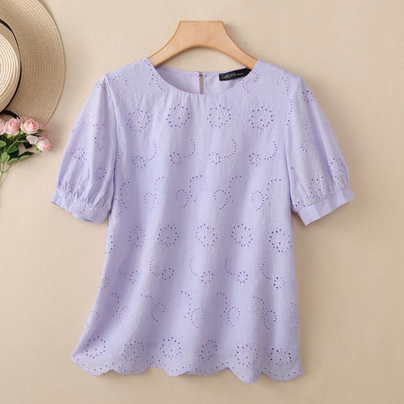 ZANZEA Women Elegant Hollow Crochet Patchwork Casual Short Sleeve Blouse фиолетовый
