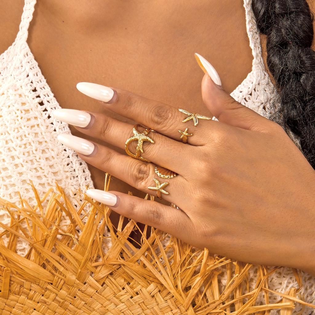 3Pcs/Set Starfish Scallop Adjustable Open Rings for Women Summer Trendy Geometric Gold Color Finger Rings Beach Party Jewelry