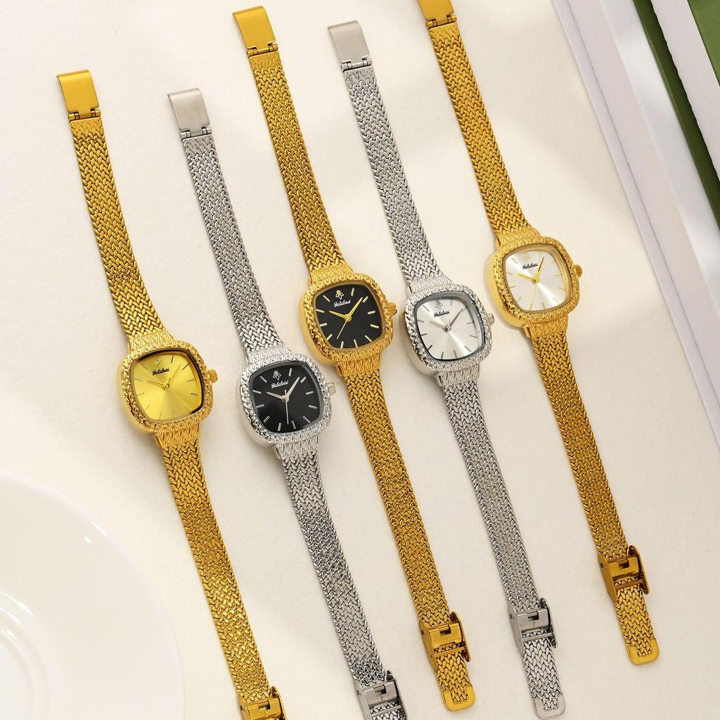 Retro Gold Square Women's Watch Luxury Mesh Bracelet Quartz Wristwatch Elegant Dress Clock for Ladies