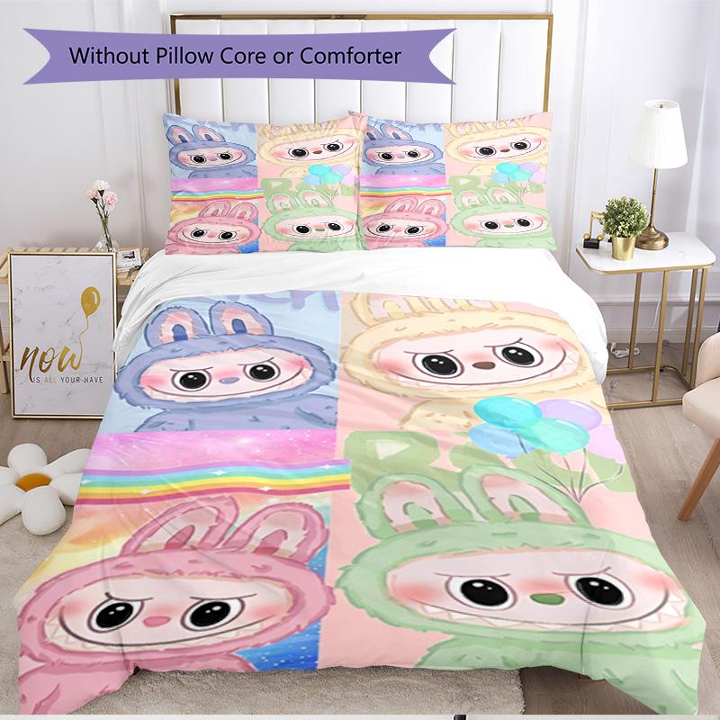 3-teiliges Bettbezug-Set (1 * Bettbezug + 2 * Kissenbezug, ohne Kern), Labubu Print Weiches Ganzjahres-Bettwäscheset, Heim-Schlafzimmer-Dekoration Geschenk