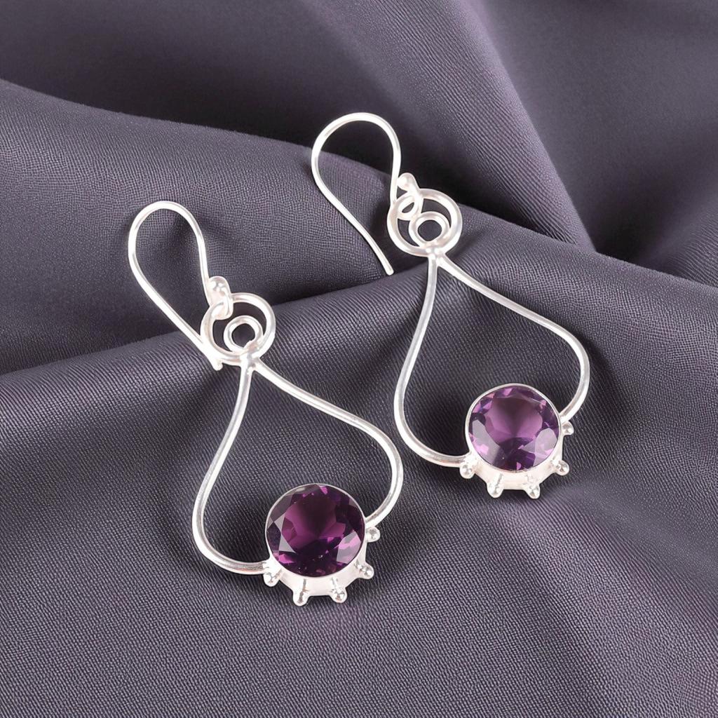 Amethyst Gemstone 925 Sterling Silver Jewelry Handmade Women Hook Earrings2.06" EE-98-5