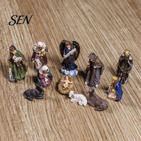 Statue del Presepe 11 Pezzi Set Natalizio, Mini Decorazione da Tavolo in Resina, Statua Sacra Famiglia Angeli Pastori Animali Statuette, Religioso Interno Casa