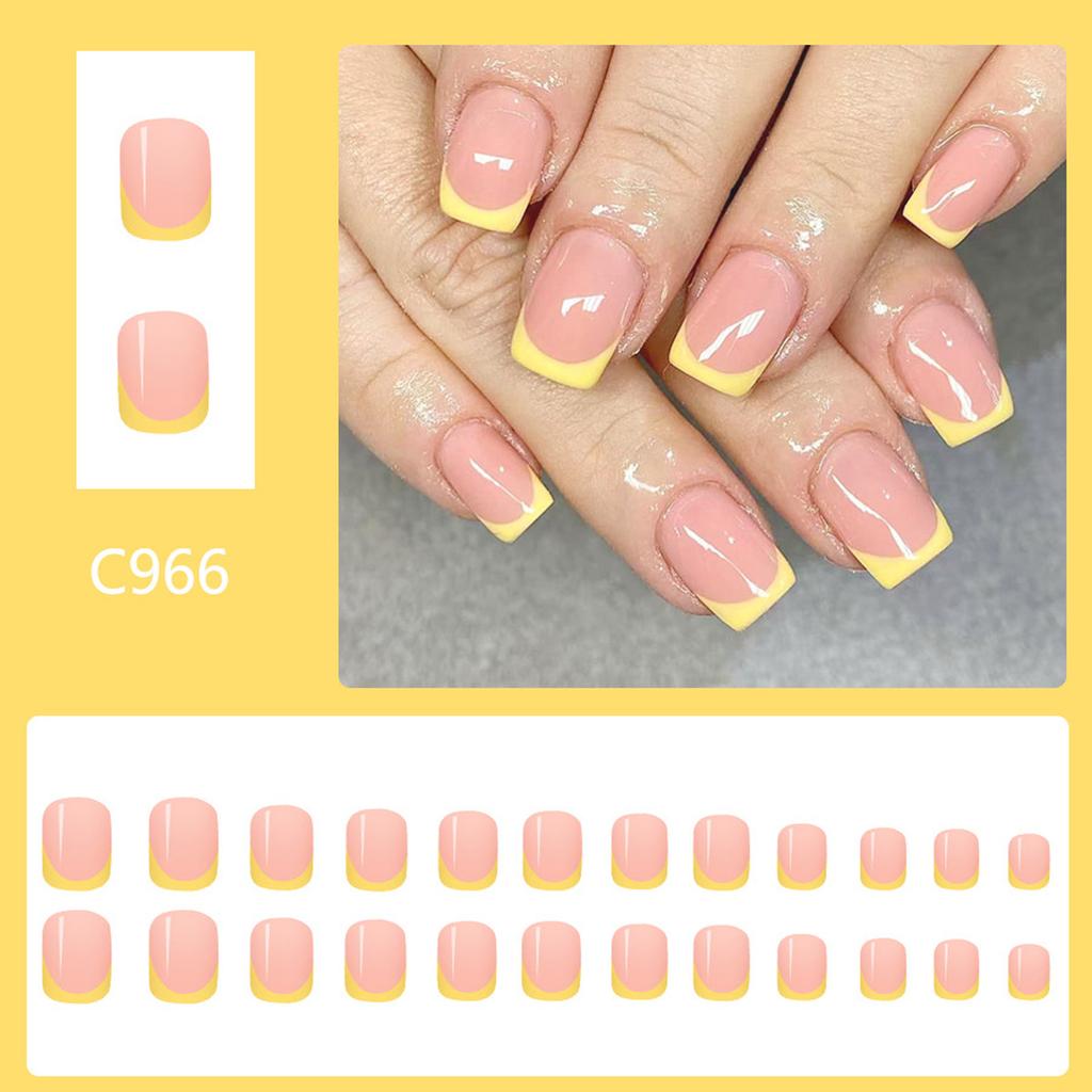 Square Press on Nail Artificial Fake Nail Tips Full Cover Yellow False Nail Glossy Glues on Nail for Women Girls 24Pcs