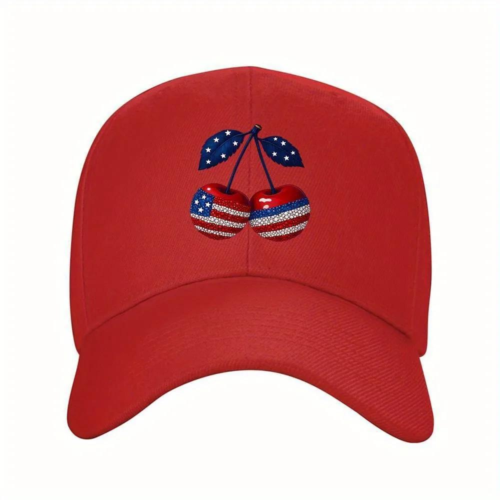 Bling American Flag Cherries Baseball Cap Patriotic Rhinestone Sports Hat Adjustable Travel Cap One Size
