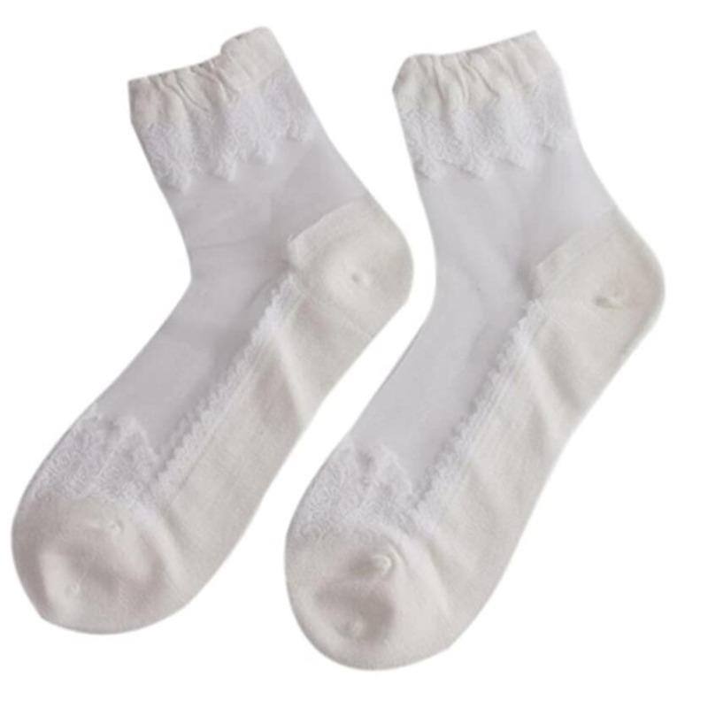 Women Sheer Crystal Lace Socks Transparent Ankle Socks with Ruffle Trim Stackable Fashion Footwear for Daily Wear