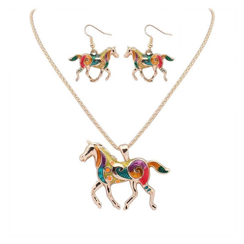 Ensemble Collier Boucles d'oreilles Pendentif Poney Arc-en-ciel Tendance avec Design Dégradé Coloré