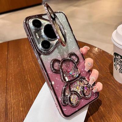 Huawei Pura 70 Glitter Quicksand Bear Phone Case with Lens Cover & Stand