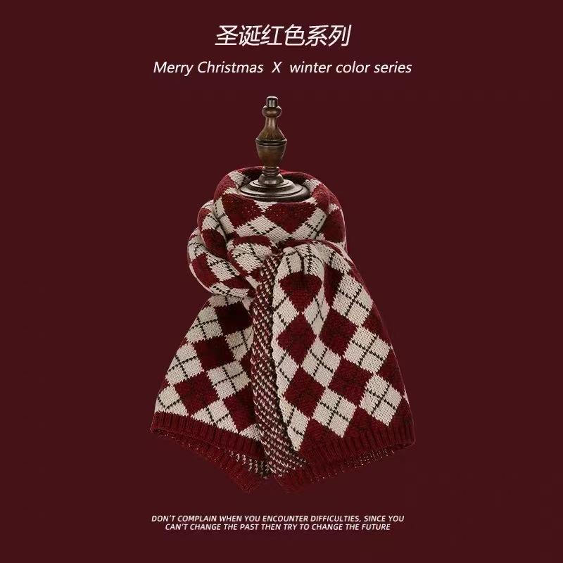Red Scarf Women's Winter Versatile Premium Sense China Red Checked Destiny Women's Winter Scarf Christmas New Year