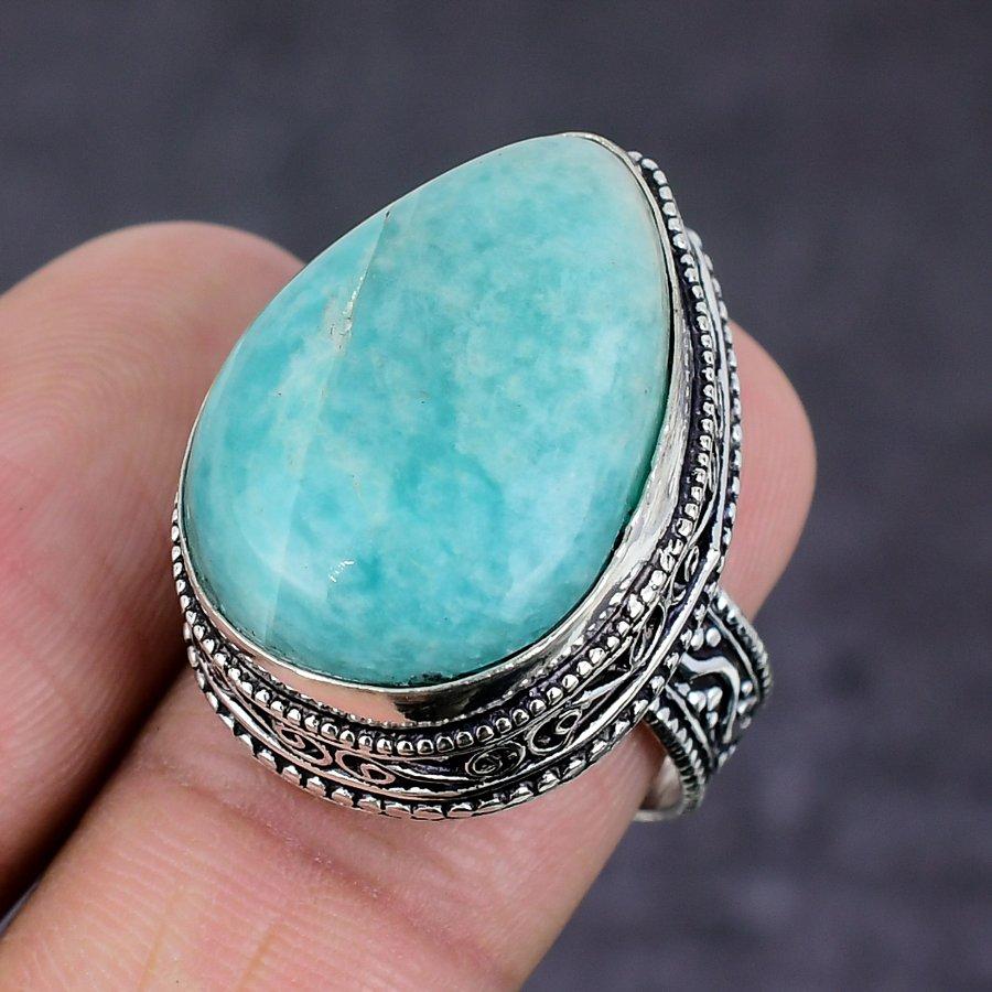 Amazonite Gemstone Handmade 925 Sterling Silver Jewelry Ring Size 8 N7t84