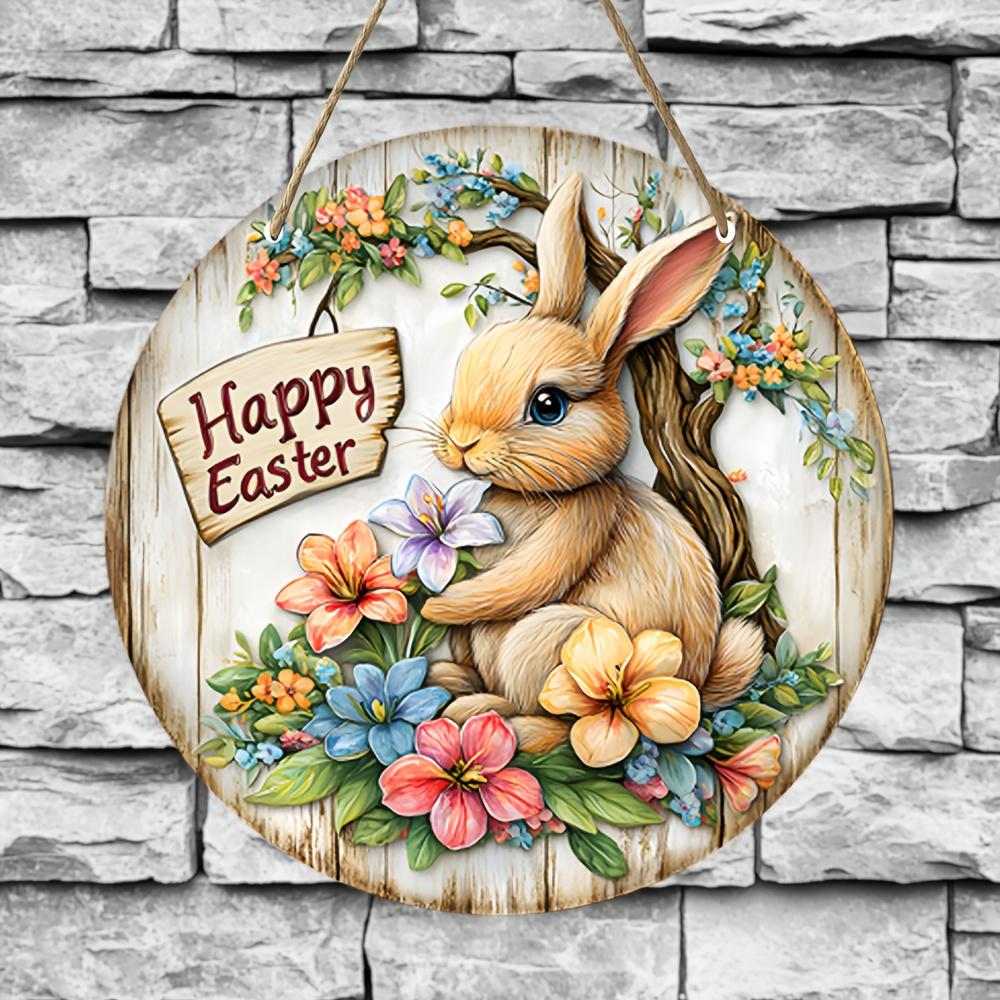 Country Style Wooden Wreath Wall Decoration with Rabbit pattern-"All You Need Is Rabbit Company", Suitable for Home