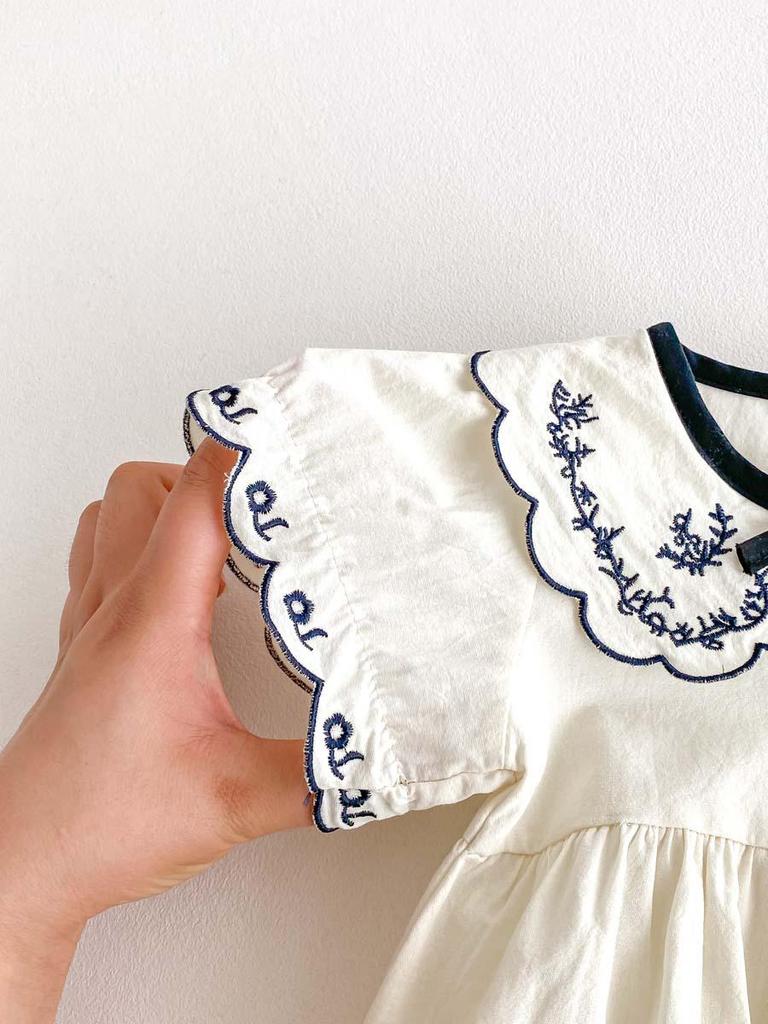 Embroidered Summer Romper with Turn-Down Collar and Bow for Newborn Girls